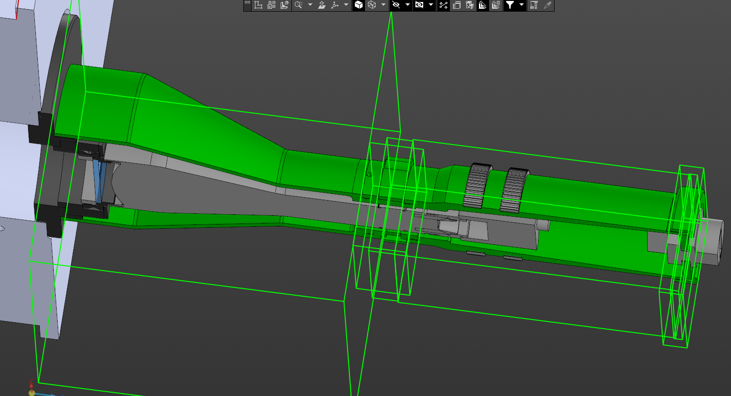 Longitudinal CAD model of the optical module installed in a rolling stand