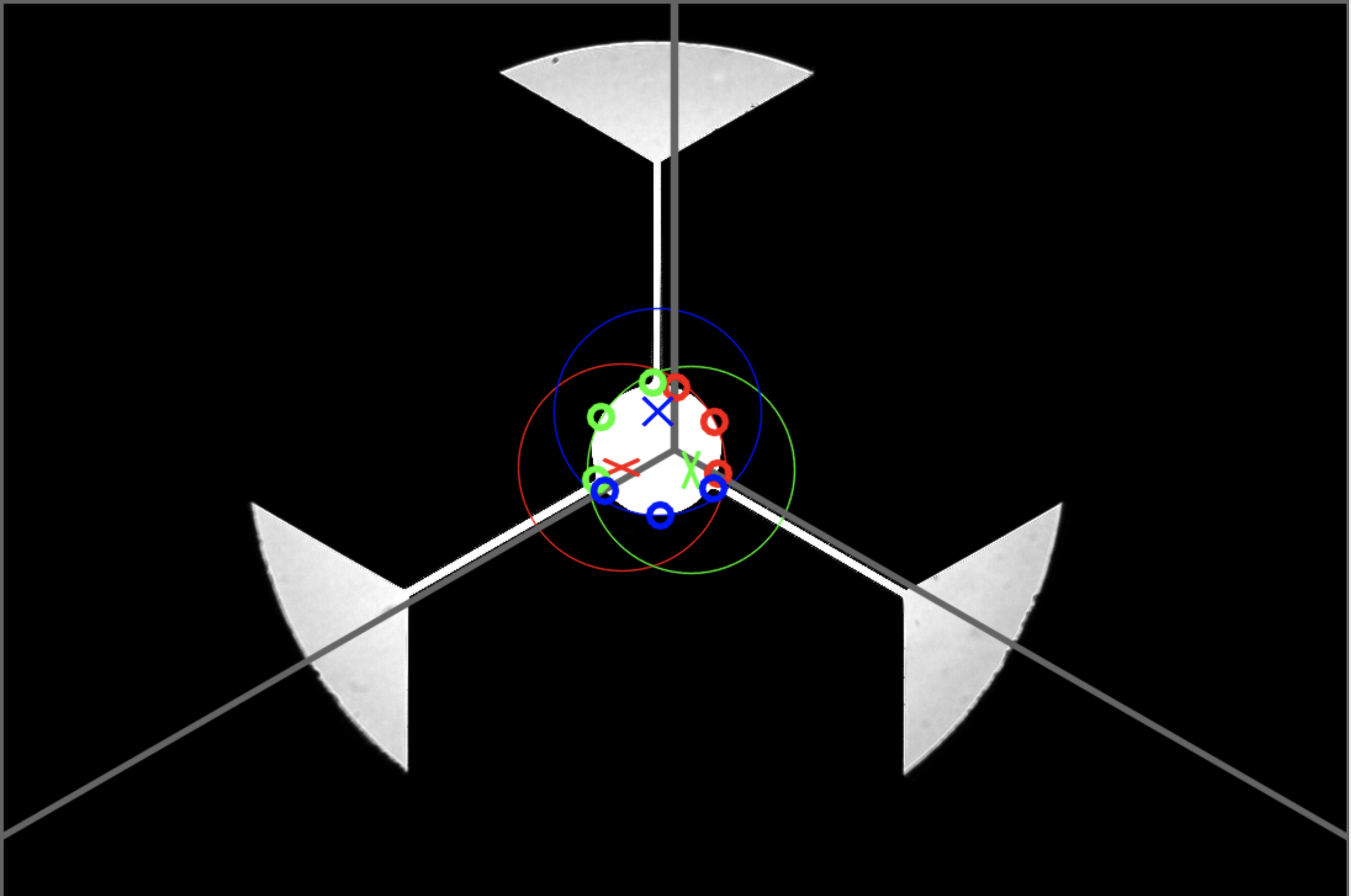Rolling-stand camera frame with coloured circles and centre markers for three rolls